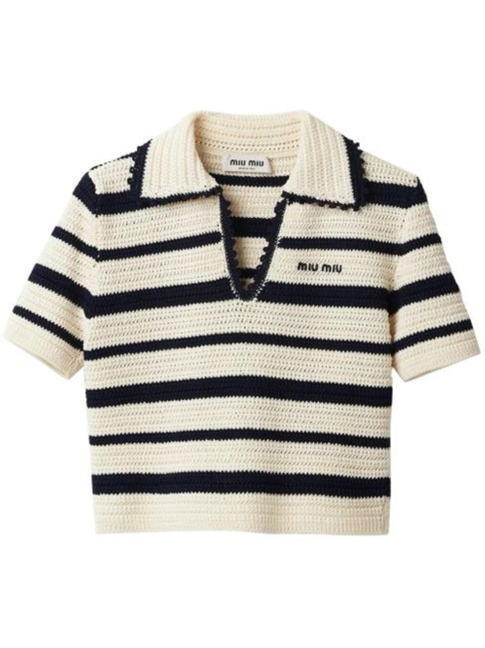 Miu Miu Knit Black and Cream Striped Crocheted V-Neck Polo